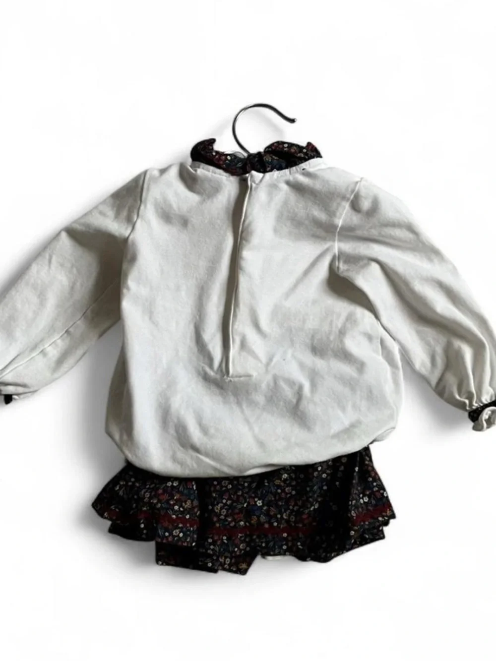 White Long Sleeve Top with Black Floral Ruffle Hem - Picture 3 of 3